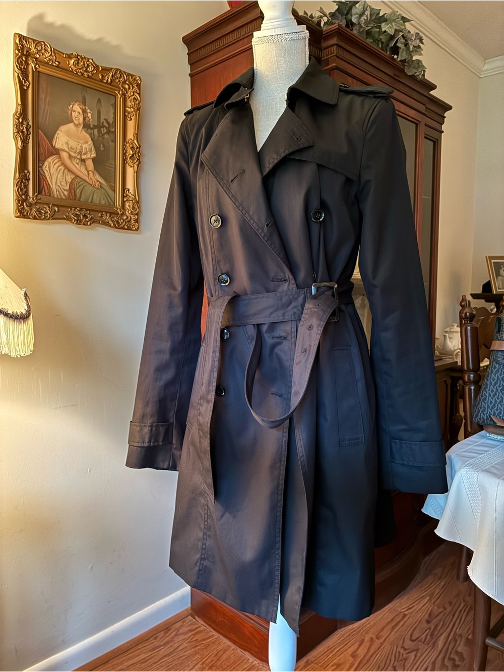 NWOT Banana Republic Womens TALL long black trench coat MEDIUM